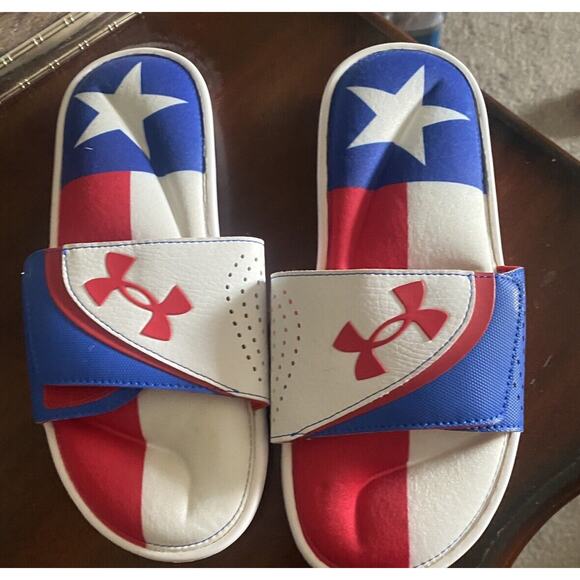 Under Armour Texas Flag Slides Sandals Men 7 Ignite White Red Blue Shoes New - Picture 14 of 15